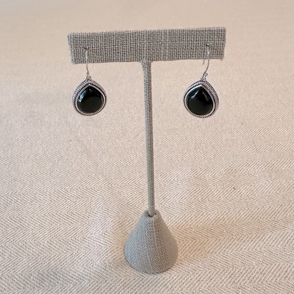 Sterling Silver Black Onyx Teardrop Dangle Earrings French Wire Classic - Picture 3 of 10